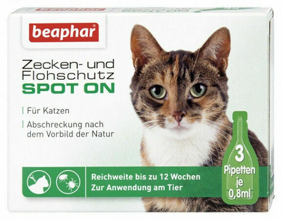 Beaphar Zecken und Flohschutz SPOT-ON für Katzen (3x 0,8 ml) Parasiten Vergrämer